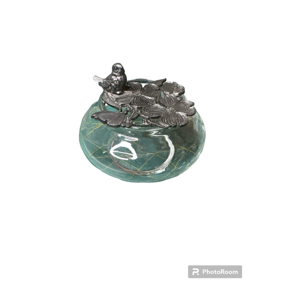 Vintage Potpourri trinket bowl with pewter ornate bird lid